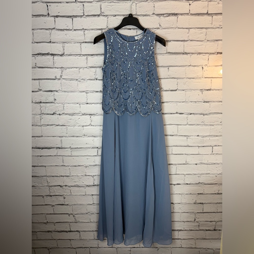 J Kara Beaded Sleeveless Formal Maxi Dress Size 6p Dusty Blue NWT Wedding